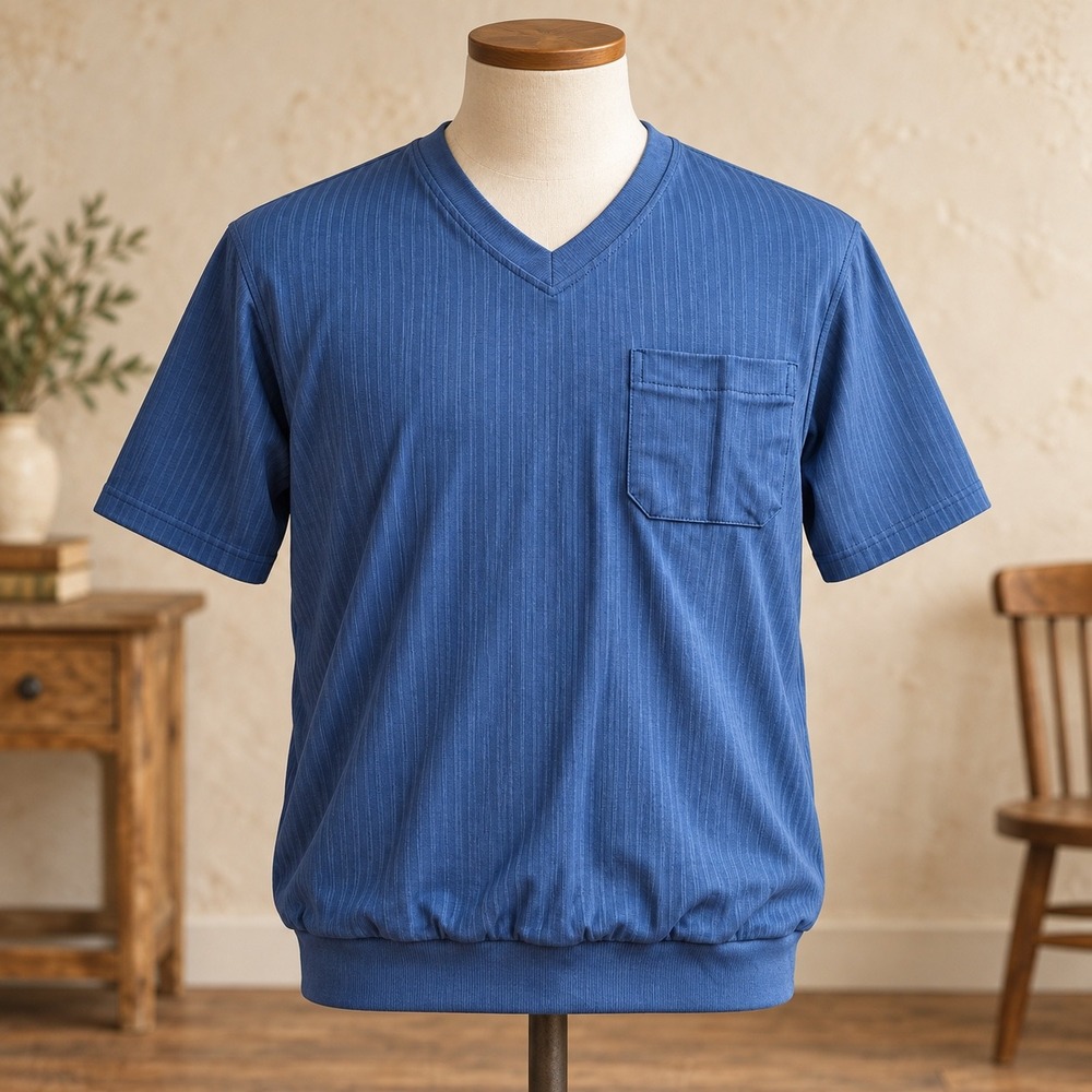 Haband Mens Blue Ribbed V-Neck Short Sleeve Pocket Shirt Banded Hem Size L